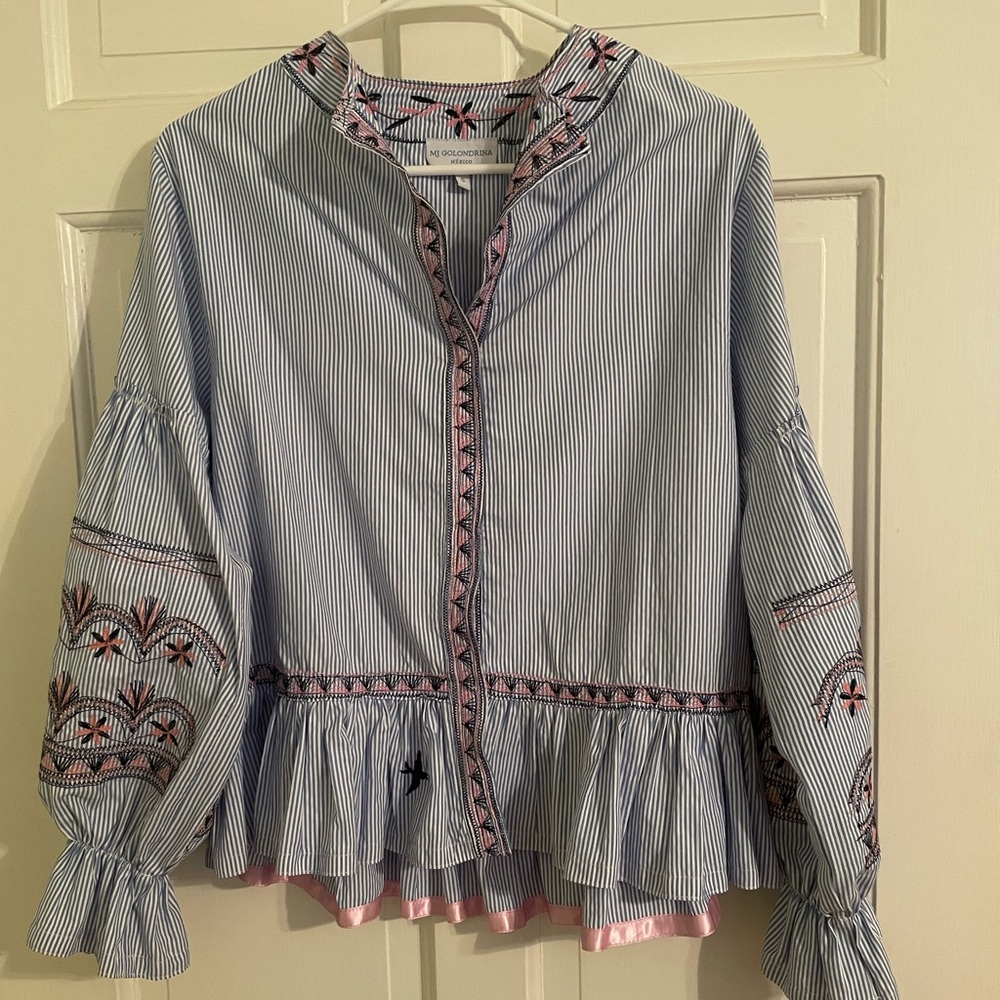 Mi Golondrina Blue & White Striped, Pink Embroidered Peplum Top